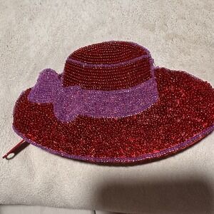 Red‎ Hat Society Vintage Purple Trim Seed Beaded Keychain Coin Purse Wallet